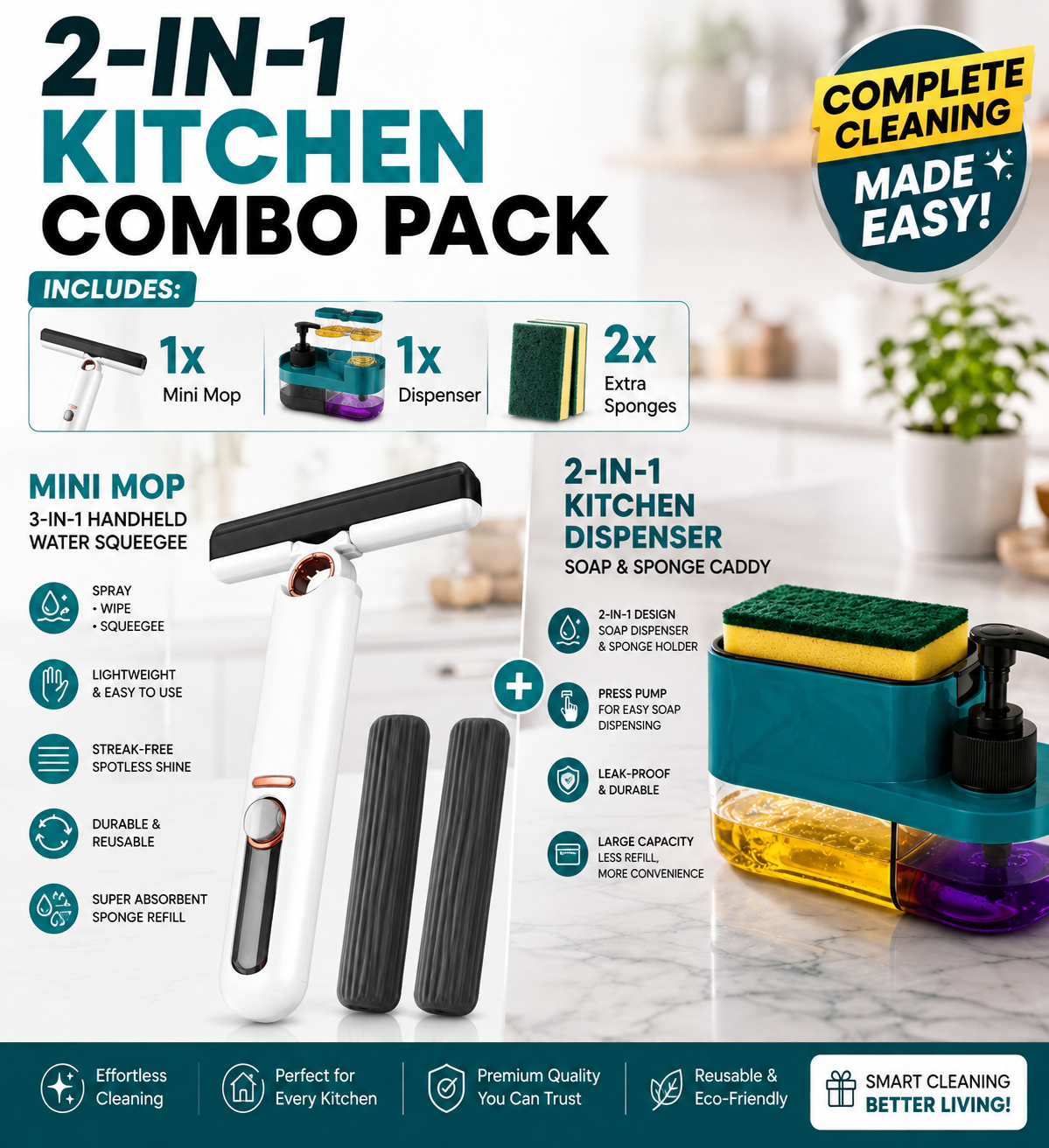 Zetnova™ SmartClean Kitchen Duo — Mini Mop & Soap Dispenser Combo