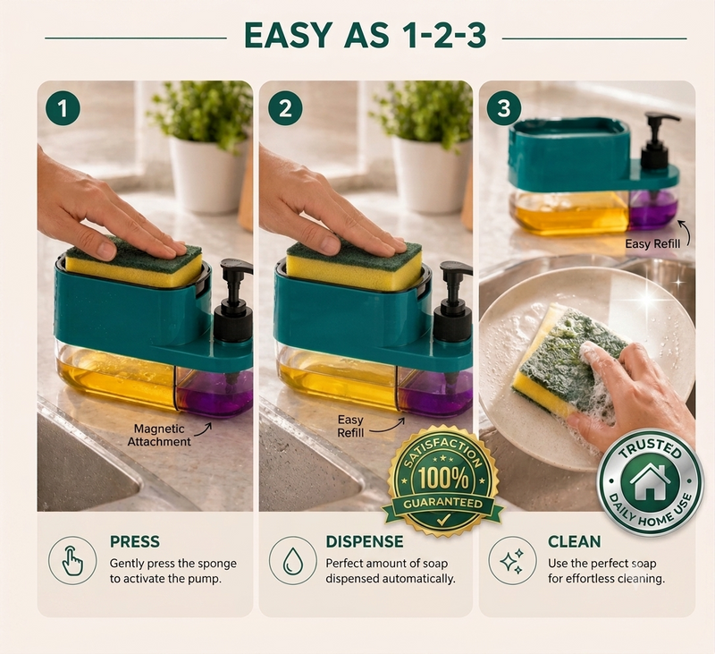 Zetnova™ EasyPress™ 3-in-1 Soap Dispenser & Sponge Holder