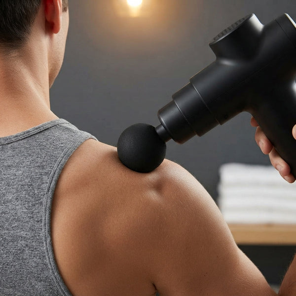A massage gun head pressing into a shoulder muscle, showcasing deep tissue relief in a modern, neutral-toned room.