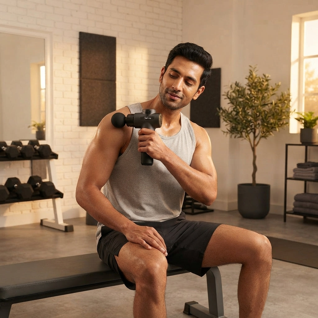 A South Asian man using a charcoal deep tissue massage gun on his shoulder in a minimalist room with golden and white decor.